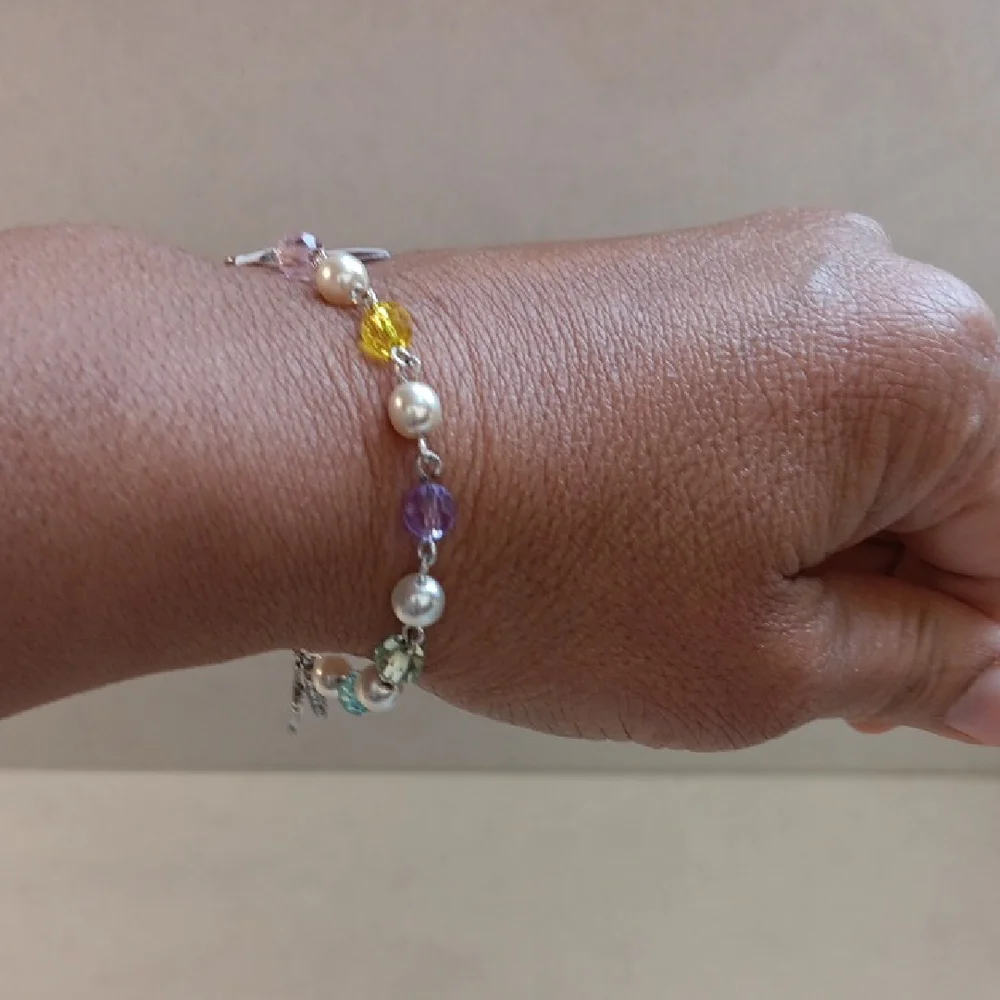 Genuine TINCUT Multi-color Crystal and Faux Pearl SilverTone Bracelet NIB